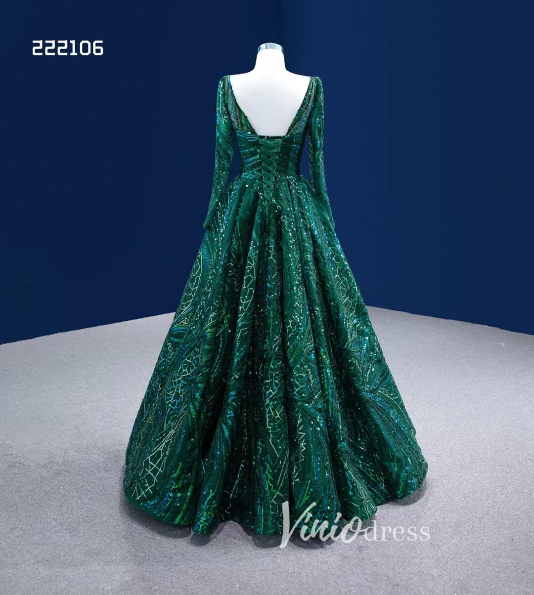 Emerald Green Long Sleeve Prom Dress Square Neck, Sparkly Lace, Corset Back Formal Gown 222106-prom dresses 2025 -Viniodress-Emerald Green-Custom Size-