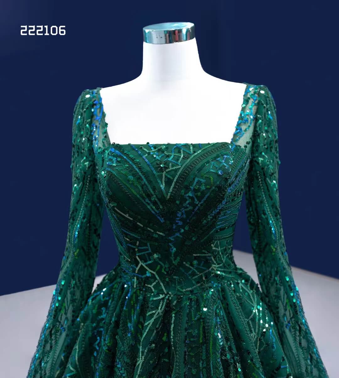 Emerald Green Long Sleeve Prom Dress Square Neck, Sparkly Lace, Corset Back Formal Gown 222106-prom dresses 2025 -Viniodress-Emerald Green-Custom Size-