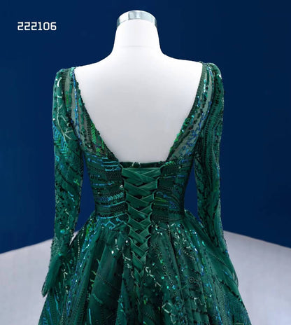 Emerald Green Long Sleeve Prom Dress Square Neck, Sparkly Lace, Corset Back Formal Gown 222106-prom dresses 2025 -Viniodress-Emerald Green-Custom Size-