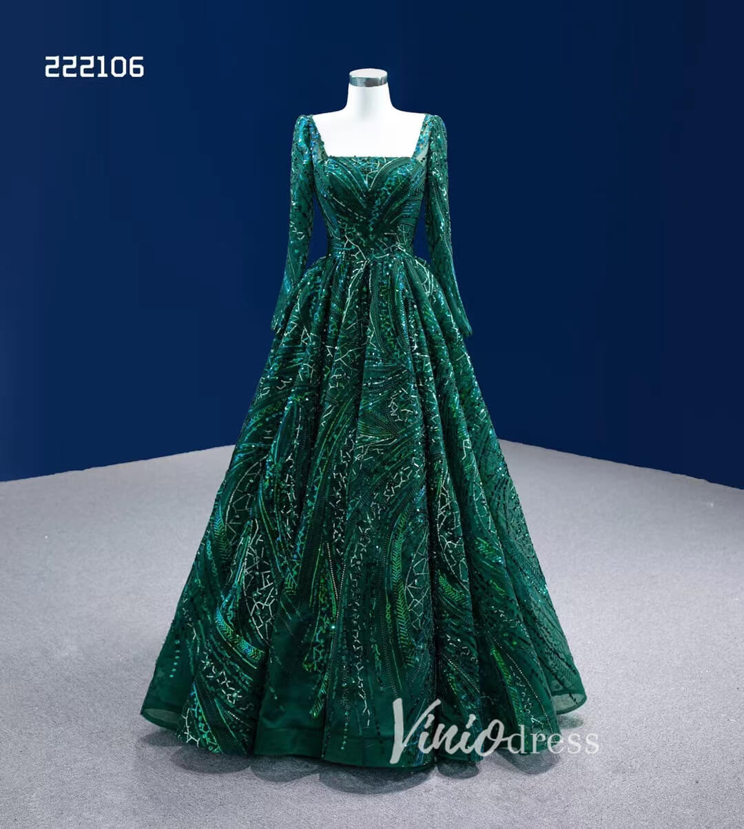 Emerald Green Long Sleeve Prom Dress Square Neck, Sparkly Lace, Corset Back Formal Gown 222106-prom dresses 2025 -Viniodress-Emerald Green-Custom Size-