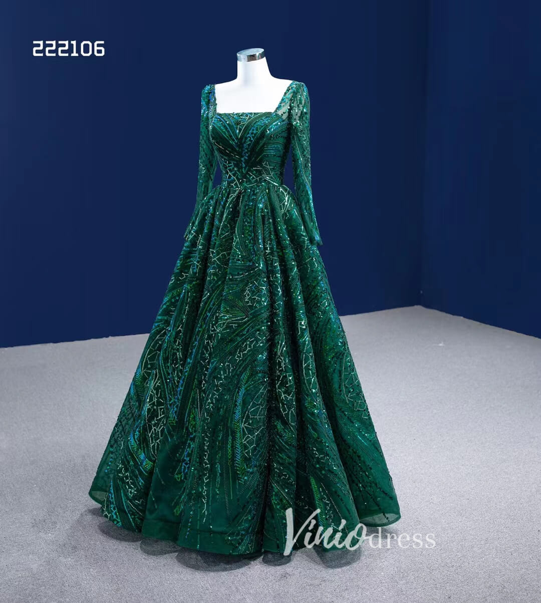 Emerald Green Long Sleeve Prom Dress Square Neck, Sparkly Lace, Corset Back Formal Gown 222106-prom dresses 2025 -Viniodress-Emerald Green-Custom Size-