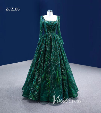Emerald Green Long Sleeve Prom Dress Square Neck, Sparkly Lace, Corset Back Formal Gown 222106-prom dresses 2025 -Viniodress-Emerald Green-Custom Size-