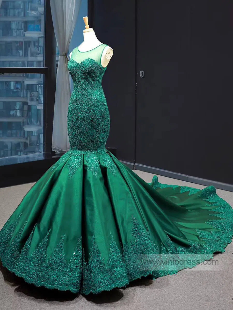 Emerald Green Mermaid Prom Dresses Lace Pageant Dress FD1389 viniodress-prom dresses-Viniodress-Viniodress