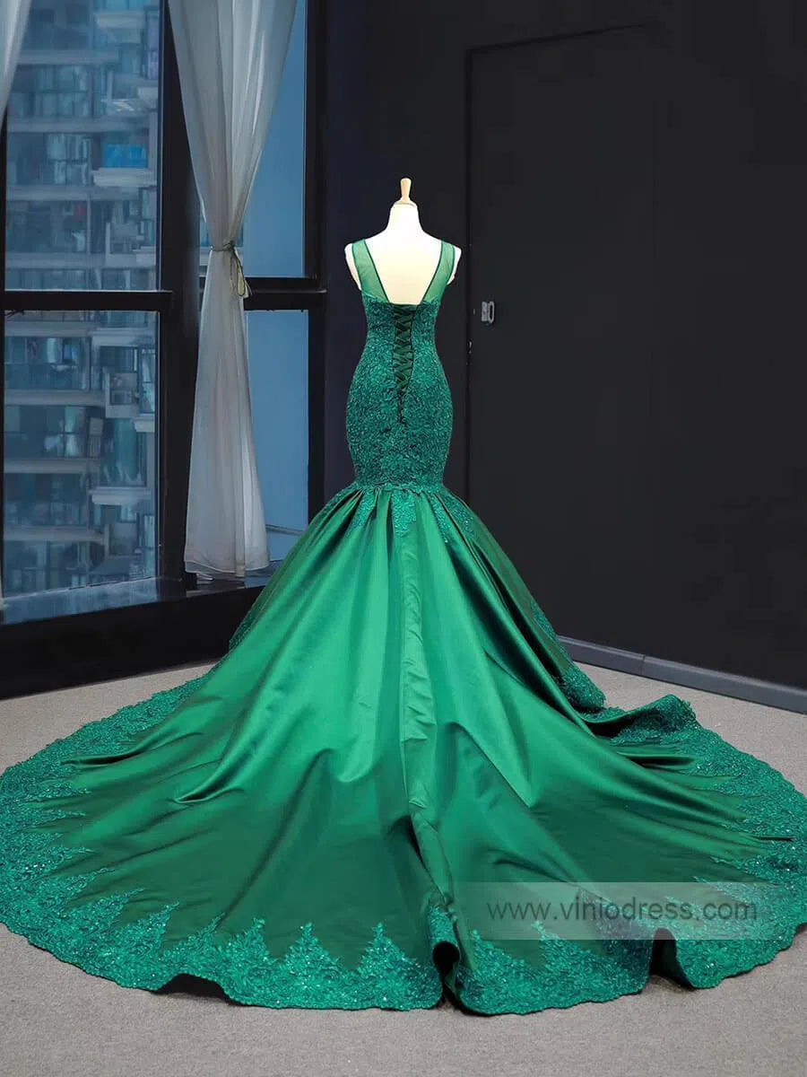 Emerald Green Mermaid Prom Dresses Lace Pageant Dress FD1389 viniodress-prom dresses-Viniodress-Viniodress