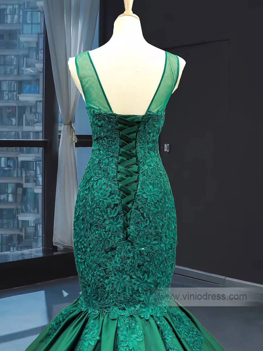 Emerald Green Mermaid Prom Dresses Lace Pageant Dress FD1389 viniodress-prom dresses-Viniodress-Viniodress