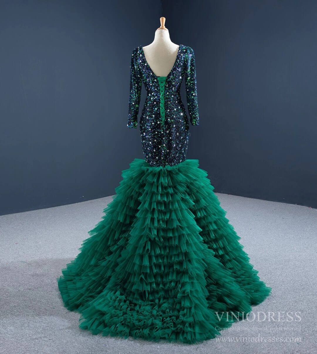 Emerald Green Mermaid Prom Dresses Long Sleeve Tiered Formal Dress FD2451 viniodress-prom dresses 2025 -Viniodress-Emerald Green-Custom Size-