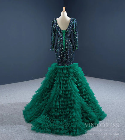 Emerald Green Mermaid Prom Dresses Long Sleeve Tiered Formal Dress FD2451 viniodress-prom dresses 2025 -Viniodress-Emerald Green-Custom Size-
