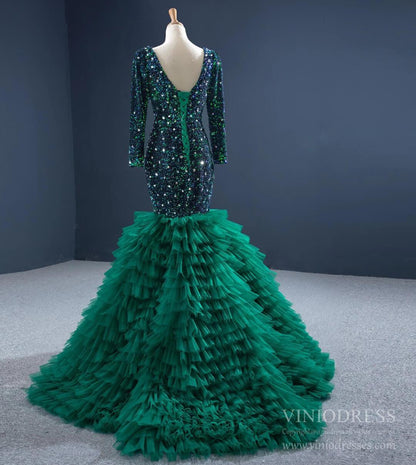 Emerald Green Mermaid Prom Dresses Long Sleeve Tiered Formal Dress FD2451 viniodress-prom dresses 2025 -Viniodress-Emerald Green-Custom Size-