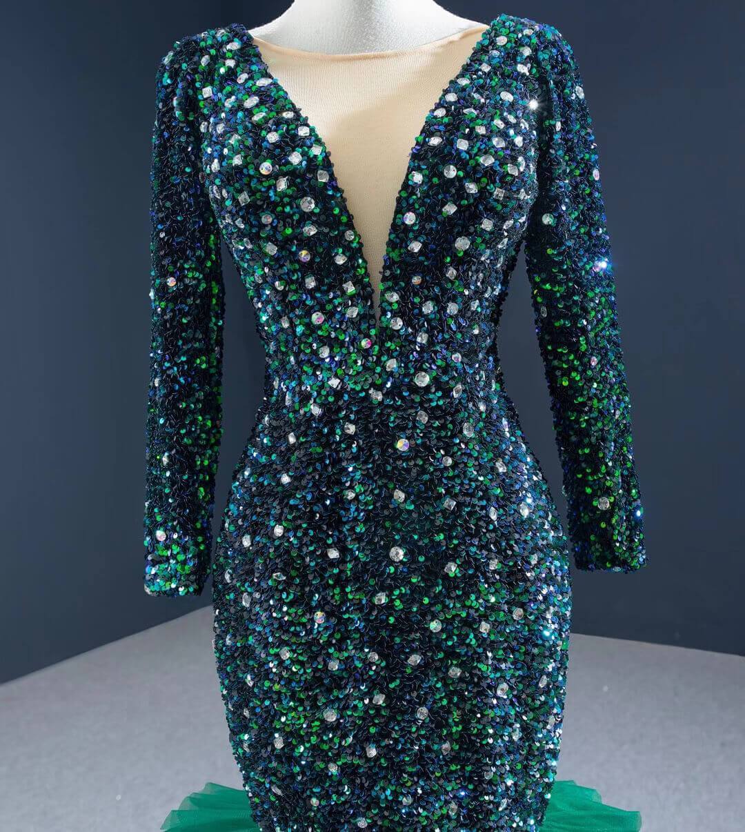 Emerald Green Mermaid Prom Dresses Long Sleeve Tiered Formal Dress FD2451 viniodress-prom dresses 2025 -Viniodress-Emerald Green-Custom Size-
