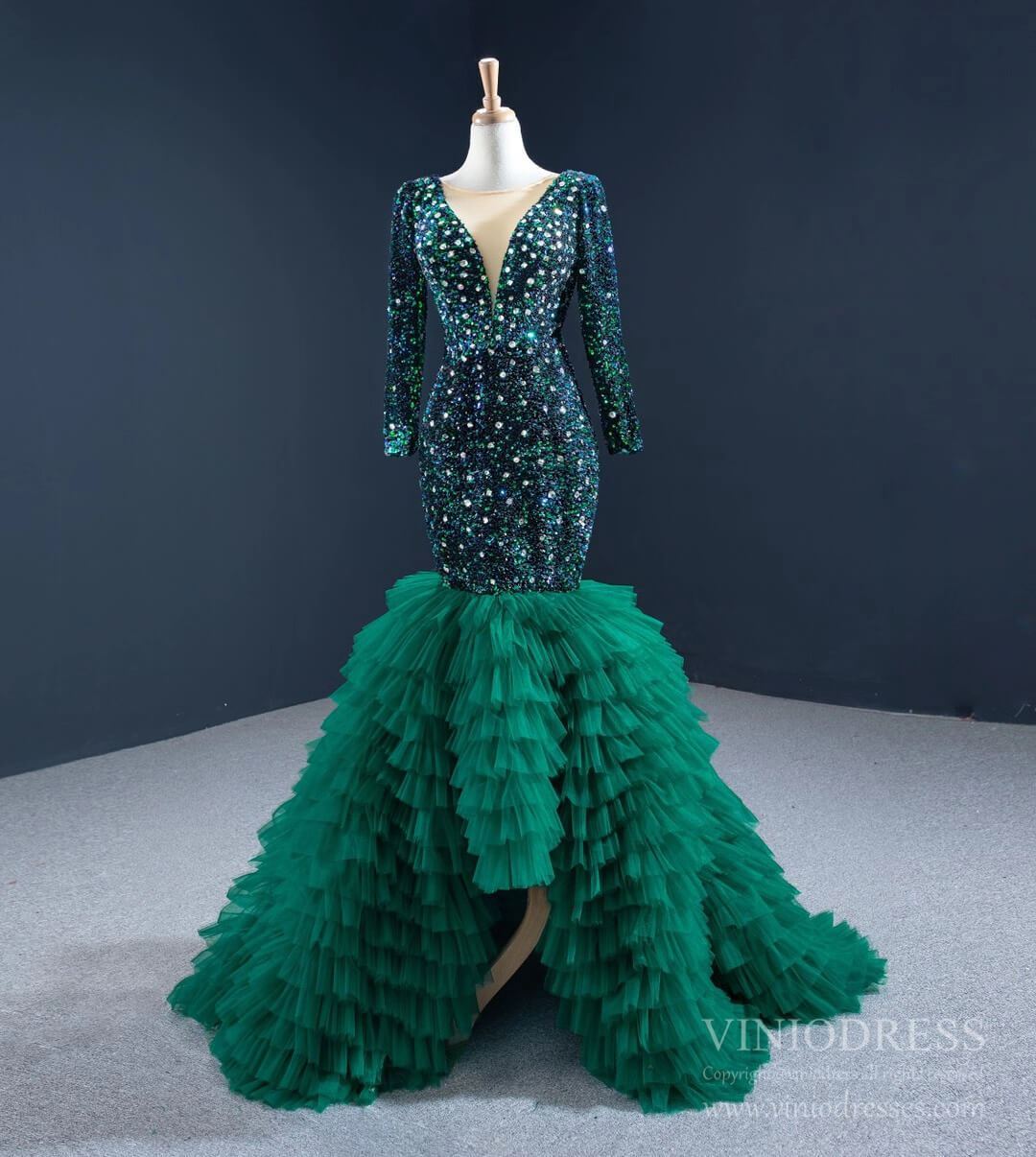 Emerald Green Mermaid Prom Dresses Long Sleeve Tiered Formal Dress FD2451 viniodress-prom dresses 2025 -Viniodress-Emerald Green-Custom Size-