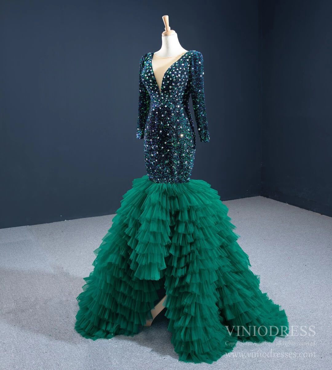 Prom Dress 2025 Emerald Green Mermaid Prom Dresses Long Sleeve Tiered Formal Dress FD2451 viniodress-unique prom dresses-Emerald Green-Custom Size-Viniodress