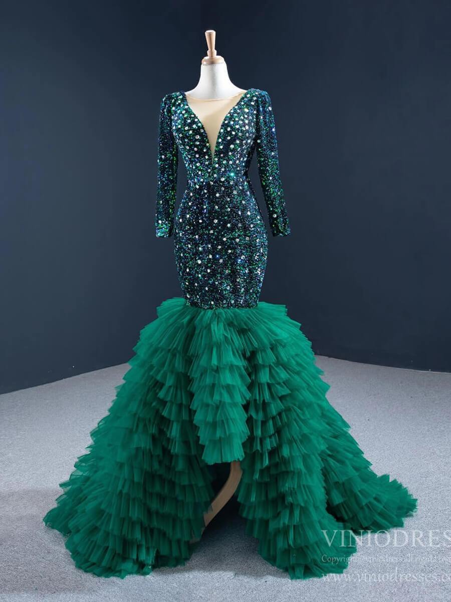 Emerald Green Mermaid Prom Dresses Long Sleeve Tiered Formal Dress FD2451 viniodress-prom dresses-Viniodress-Emerald Green-Custom Size-Viniodress