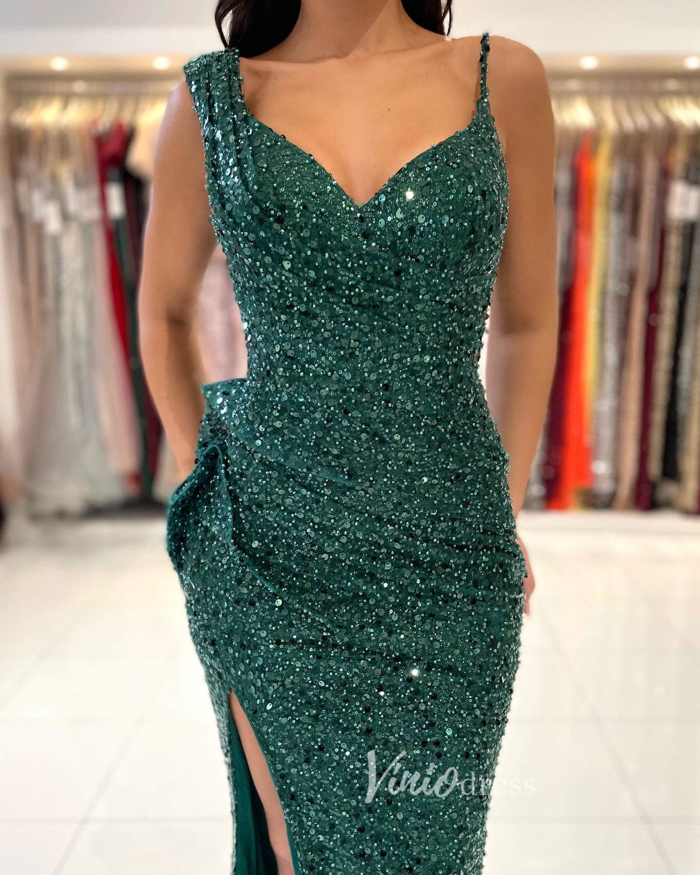 Emerald Green Mermaid Prom Dresses With Slit Sequin Evening Dress FD3149-prom dresses 2025 -Viniodress-Emerald Green-Custom Size-