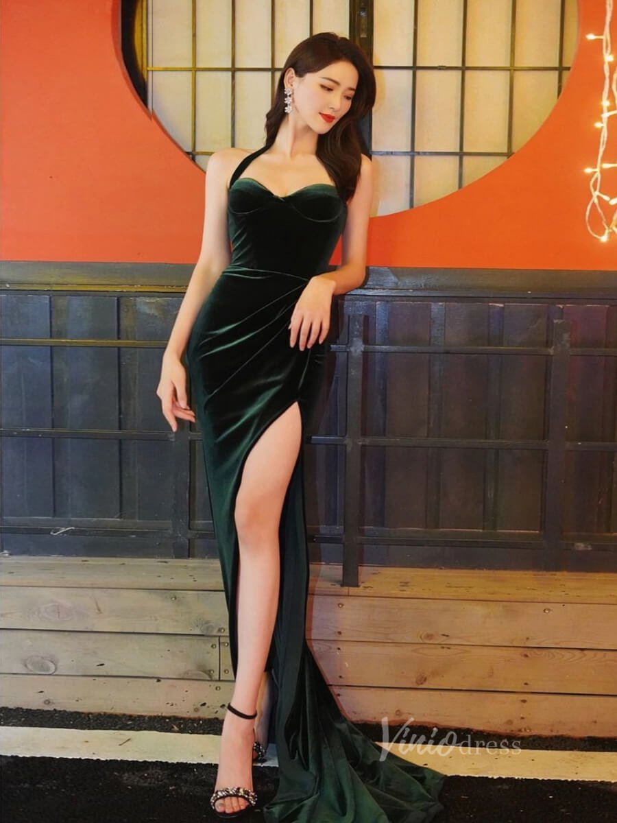 Emerald Green Mermaid Prom Dresses with Slit Velvet Evening Dress AD10 Viniodress Emerald Green Mermaid Prom Dresses with Slit Velvet Evening Dress AD10 Viniodress