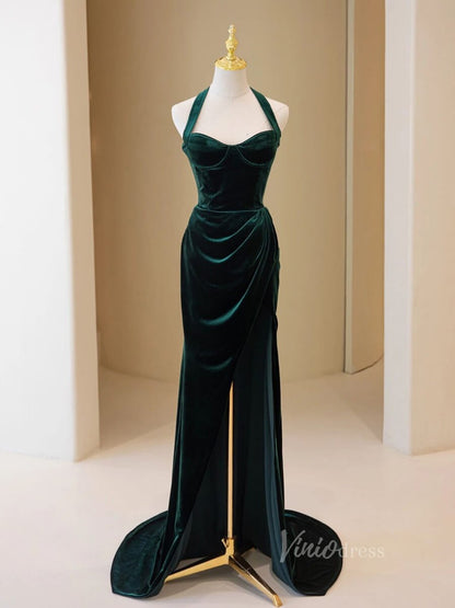 slim fit dress slacks Green Rhinestones Velvet Trumpet Long Train Prom Dress main image 1