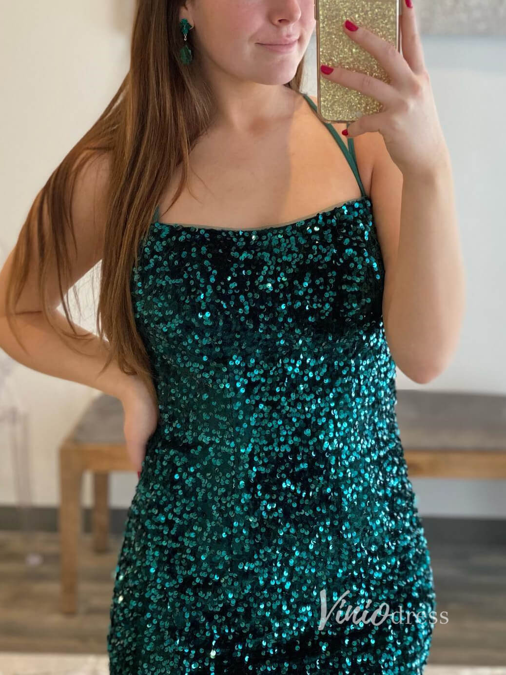 Emerald Green Mermaid Sequin Prom Dresses With High Slit Spaghetti Strap Evening Dress FD2935-prom dresses 2025 -Viniodress-Emerald Green-Custom Size-