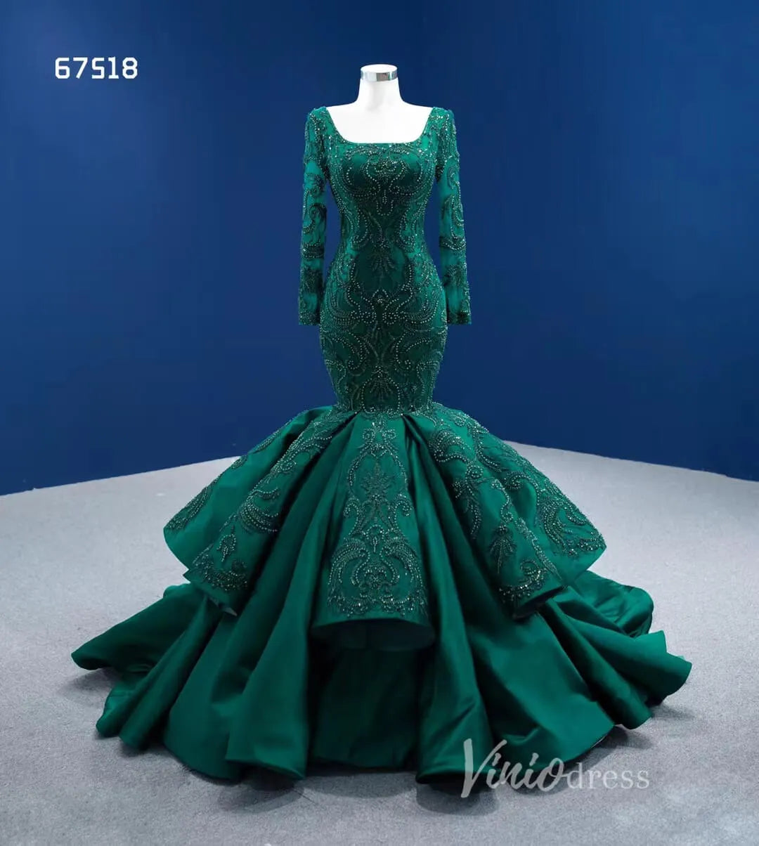 Emerald Green Mermaid Wedding Dresses Beaded Lace Pageant Dress 67518-prom dresses 2025 -Viniodress-Emerald Green-Custom Size-