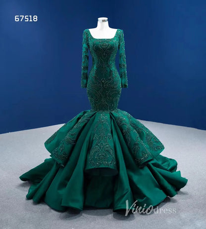Emerald Green Mermaid Wedding Dresses Beaded Lace Pageant Dress 67518-prom dresses 2025 -Viniodress-Emerald Green-Custom Size-