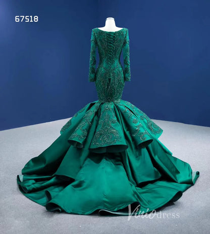 Emerald Green Mermaid Wedding Dresses Beaded Lace Pageant Dress 67518-prom dresses 2025 -Viniodress-Emerald Green-Custom Size-