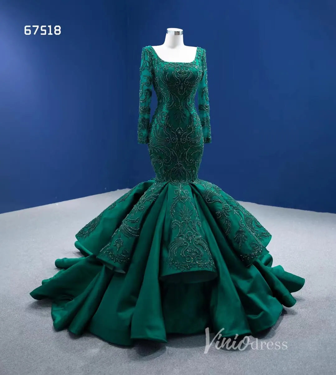 Emerald Green Mermaid Wedding Dresses Beaded Lace Pageant Dress 67518-prom dresses 2025 -Viniodress-Emerald Green-Custom Size-