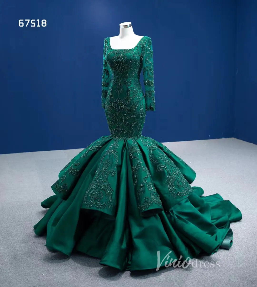 Emerald Green Mermaid Wedding Dresses Beaded Lace Pageant Dress 67518-prom dresses 2025 -Viniodress-Emerald Green-Custom Size-