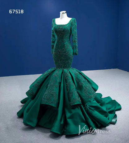 Emerald Green Mermaid Wedding Dresses Beaded Lace Pageant Dress 67518-prom dresses 2025 -Viniodress-Emerald Green-Custom Size-