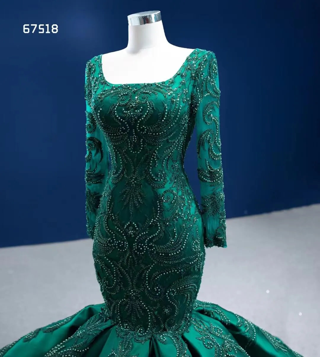 Emerald Green Mermaid Wedding Dresses Beaded Lace Pageant Dress 67518-prom dresses 2025 -Viniodress-Emerald Green-Custom Size-