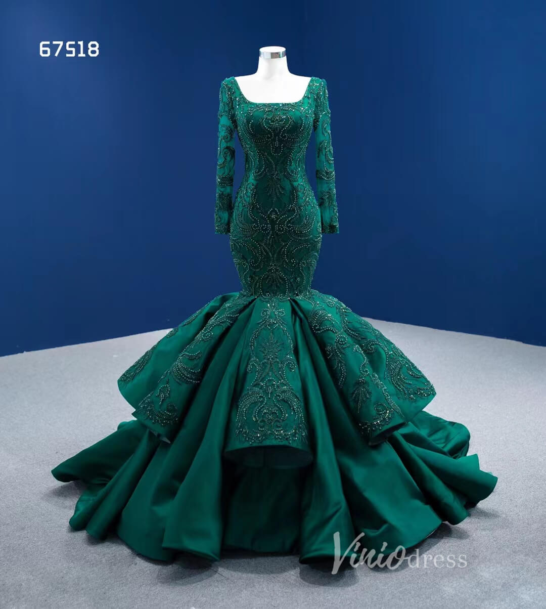 Prom Dress 2025 Emerald Green Mermaid Wedding Dresses Beaded Lace Pageant Dress 67518-unique prom dresses-Emerald Green-Custom Size-Viniodress