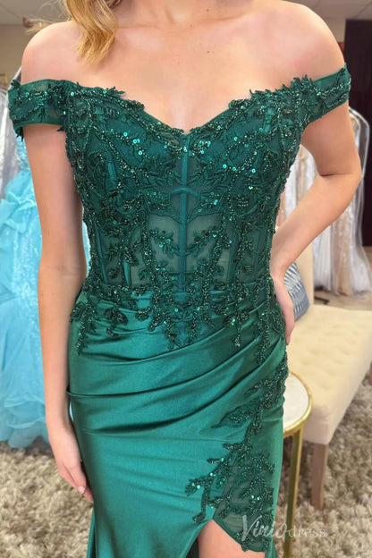 Emerald Green Off-Shoulder Satin Prom Dress with Sequin Lace Bodice, High Slit & Sweep Train – SS110-prom dresses 2025 -Viniodress-Emerald-Custom Size-