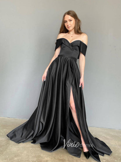 Emerald Green Off the Shoulder Prom Dresses With Slit A-Line Evening Dress FD3167-prom dresses 2025 -Viniodress-Black-Custom Size-