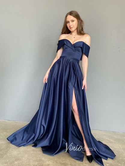 Emerald Green Off the Shoulder Prom Dresses With Slit A-Line Evening Dress FD3167-prom dresses 2025 -Viniodress-Blue-Custom Size-