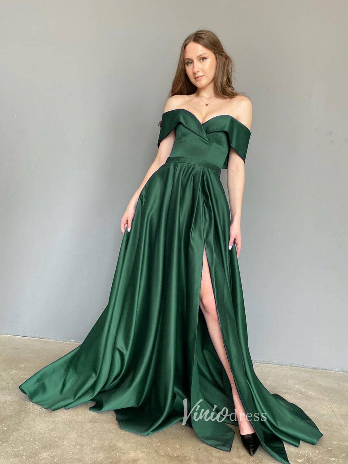 Emerald Green Off the Shoulder Prom Dresses With Slit A-Line Evening Dress FD3167-prom dresses 2025 -Viniodress-Emerald Green-Custom Size-