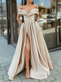 Prom Dress 2025 Emerald Green Off the Shoulder Prom Dresses With Slit A-Line Satin Evening Dress FD3146-unique prom dresses-Nude-Custom Size-Viniodress