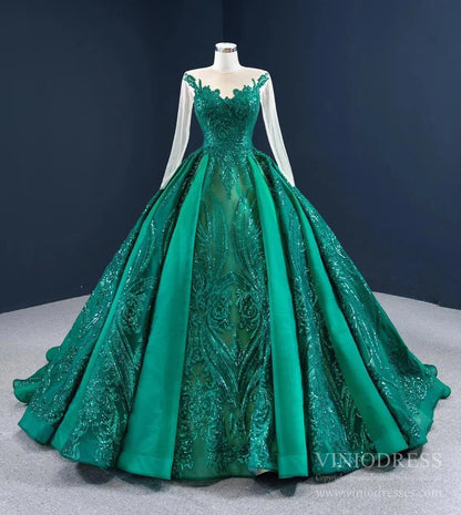 Emerald Green Quince Dress Long Sleeve Princess Ball Gown FD2454 viniodress-Quinceanera Dresses 2025 -Viniodress-Emerald Green-Custom Size-