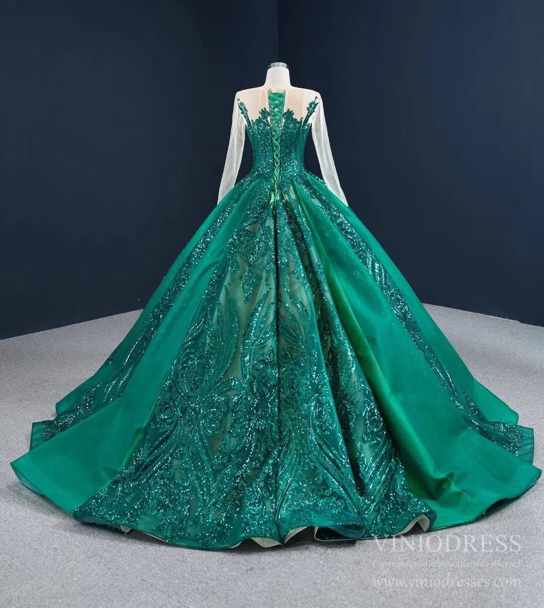 Emerald Green Quince Dress Long Sleeve Princess Ball Gown FD2454 viniodress-Quinceanera Dresses 2025 -Viniodress-Emerald Green-Custom Size-