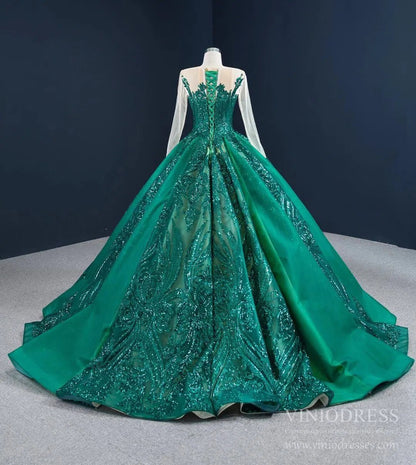 Emerald Green Quince Dress Long Sleeve Princess Ball Gown FD2454 viniodress-Quinceanera Dresses 2025 -Viniodress-Emerald Green-Custom Size-
