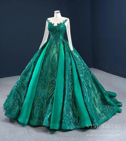 Emerald Green Quince Dress Long Sleeve Princess Ball Gown FD2454 viniodress-Quinceanera Dresses 2025 -Viniodress-Emerald Green-Custom Size-