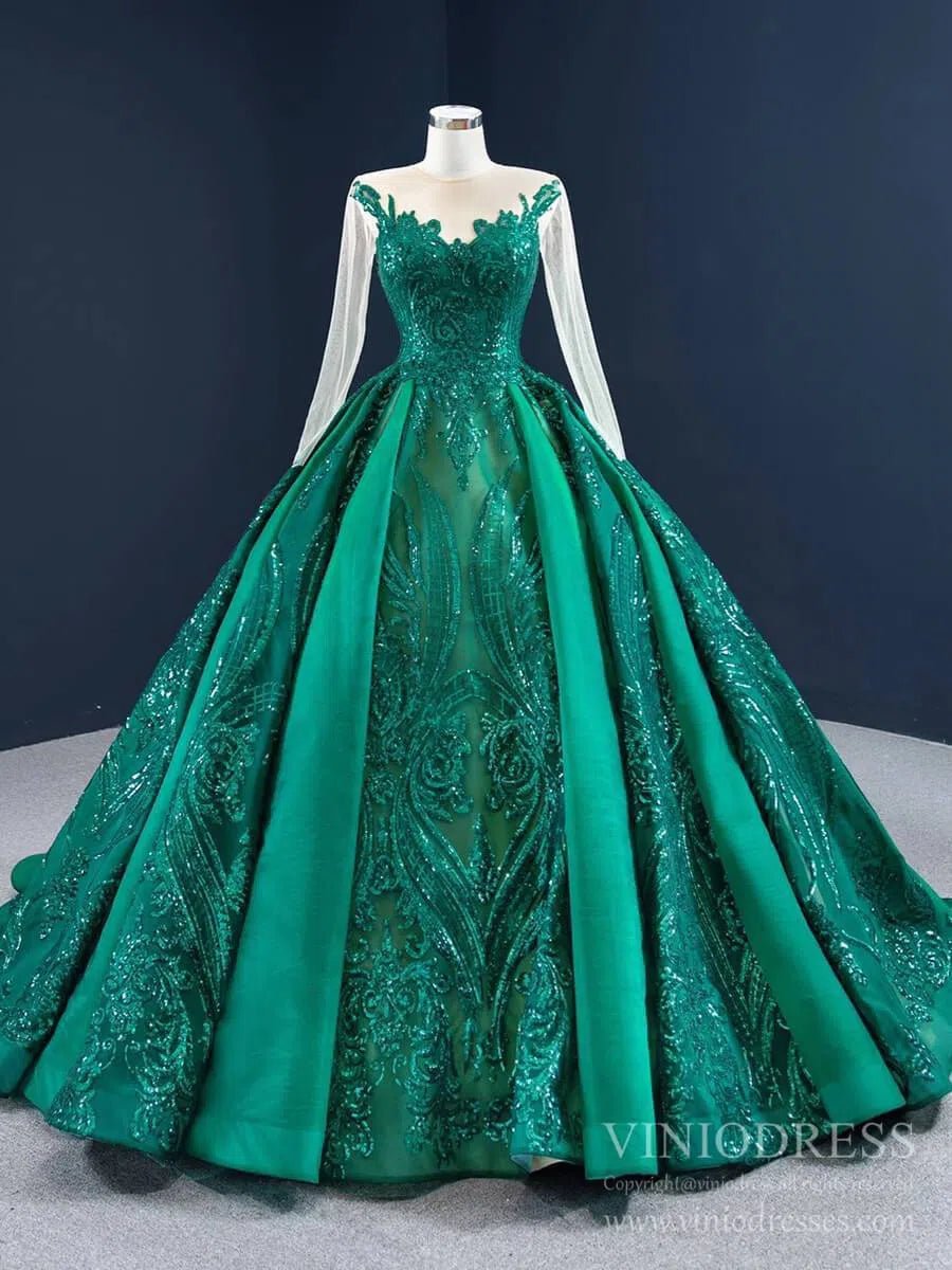 Emerald Green Quince Dress Long Sleeve Princess Ball Gown FD2454 viniodress-Quinceanera Dresses 2025 -Viniodress-Emerald Green-Custom Size-