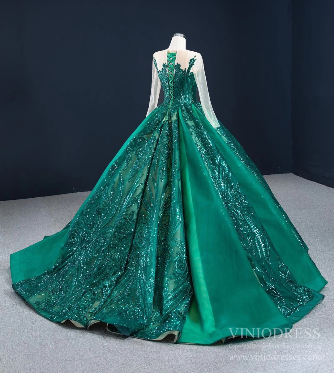 Prom Dress 2025 Emerald Green Quince Dress Long Sleeve Princess Ball Gown FD2454 viniodress-unique Quinceanera Dresses-Emerald Green-Custom Size-Viniodress