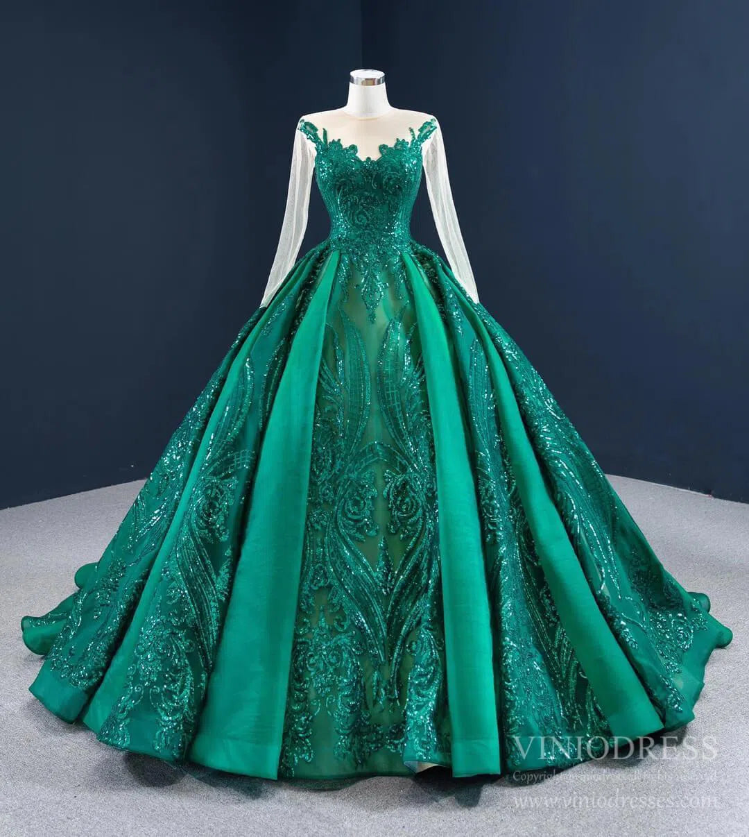 Quinceanera Dresses 2025 Emerald Green Quince Dress Long Sleeve Princess Ball Gown FD2454 viniodress-plus size wedding dresses Viniodress-Emerald Green-Custom Size-