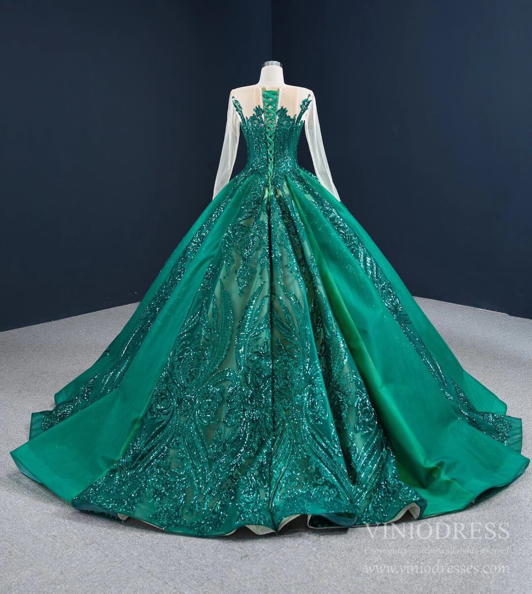 Prom Dress 2025 Emerald Green Quince Dress Long Sleeve Princess Ball Gown FD2454 viniodress-unique Quinceanera Dresses-Emerald Green-Custom Size-Viniodress