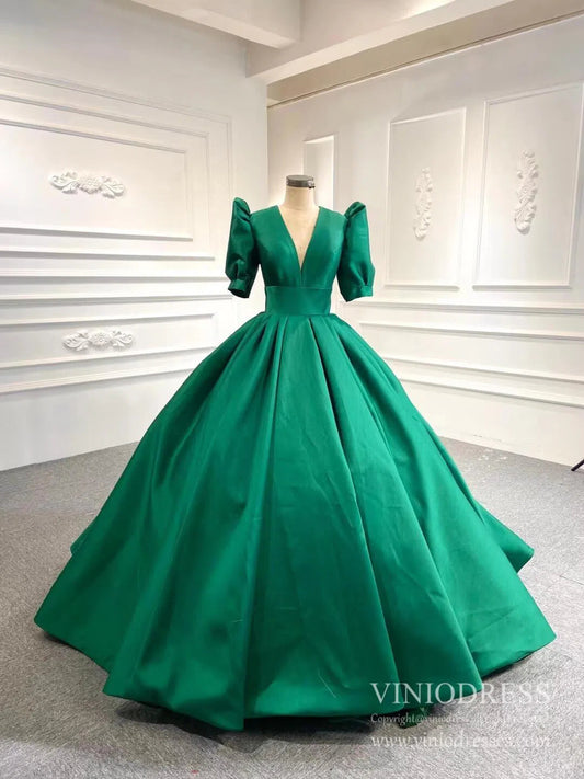 Emerald Green Satin Ball Gown Half Sleeve Wedding Dresses 67300 viniodress-prom dresses 2025 -Viniodress-Green-Custom Size-