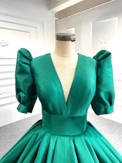 Emerald Green Satin Ball Gown Half Sleeve Wedding Dresses 67300 viniodress-prom dresses 2025 -Viniodress-Green-Custom Size-