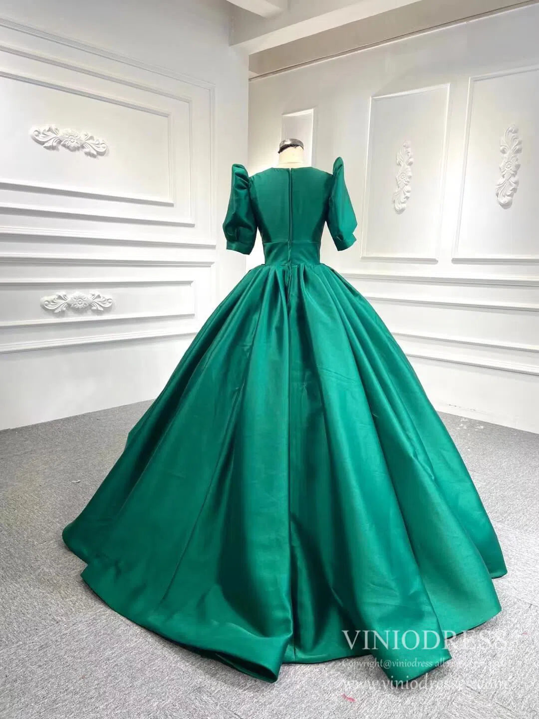 Emerald Green Satin Ball Gown Half Sleeve Wedding Dresses 67300 viniodress-prom dresses-Viniodress-Viniodress