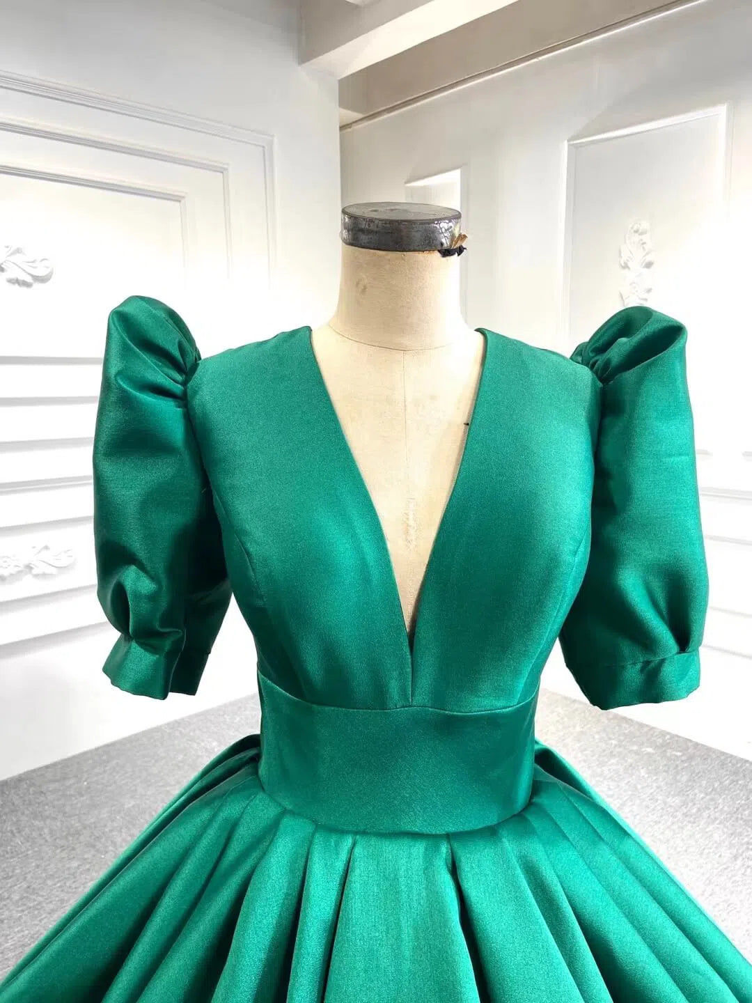 Emerald Green Satin Ball Gown Half Sleeve Wedding Dresses 67300 viniodress-prom dresses-Viniodress-Viniodress