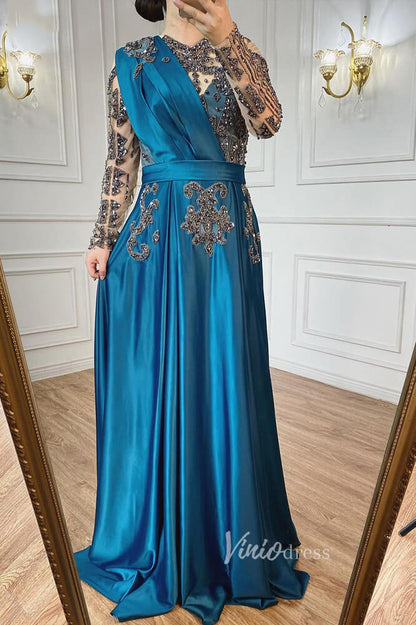 Emerald Green Satin Beaded Evening Dresses Long Sleeve Prom Dress FD3022-prom dresses 2025 -Viniodress-Blue-US 2-
