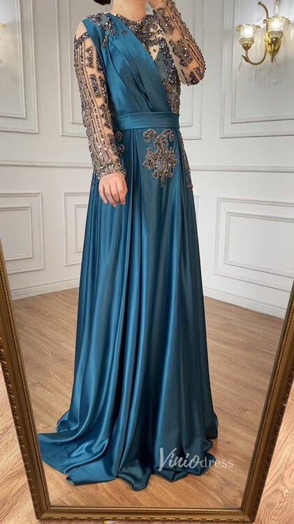Emerald Green Satin Beaded Evening Dresses Long Sleeve Prom Dress FD30 –  Viniodress