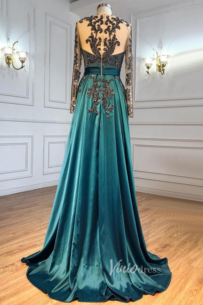 Emerald Green Satin Beaded Evening Dresses Long Sleeve Prom Dress FD30 Viniodress Emerald Green Satin Beaded Evening Dresses Long Sleeve Prom Dress FD30 Viniodress