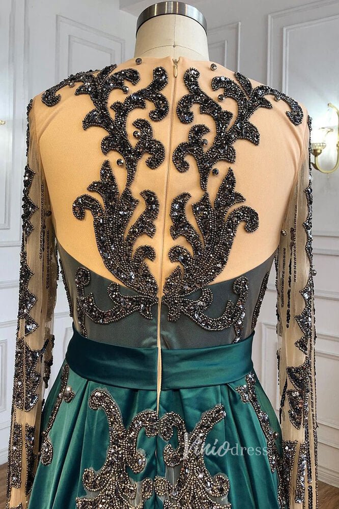 Emerald Green Satin Beaded Evening Dresses Long Sleeve Prom Dress FD30   Viniodress
