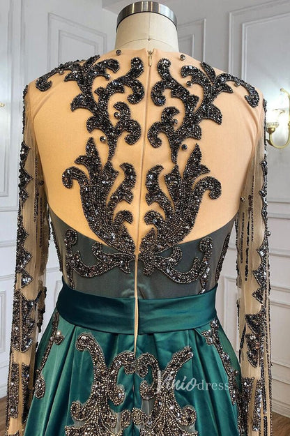 Emerald Green Satin Beaded Evening Dresses Long Sleeve Prom Dress FD3022-prom dresses 2025 -Viniodress-Emerald Green-US 2-